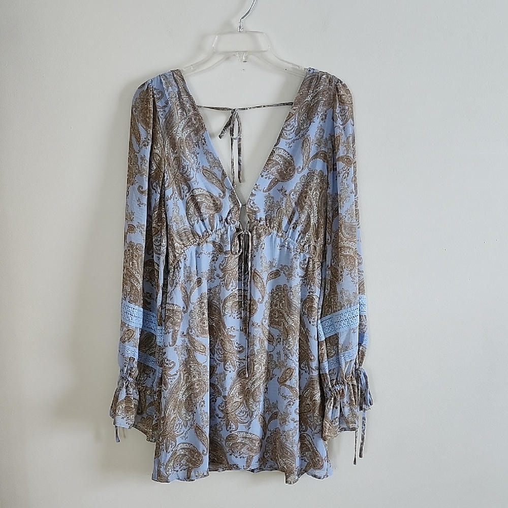 Urban Outfitters Blue Tan Paisley Mini Dress Large Deep V Neck Long Sleeve